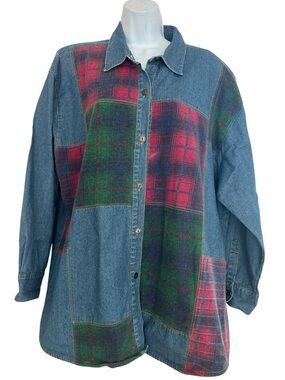 Cynthia J Vtg 90s Denim Patchwork Plaid Shirt Jacket Shacket Oversized Size M-2X